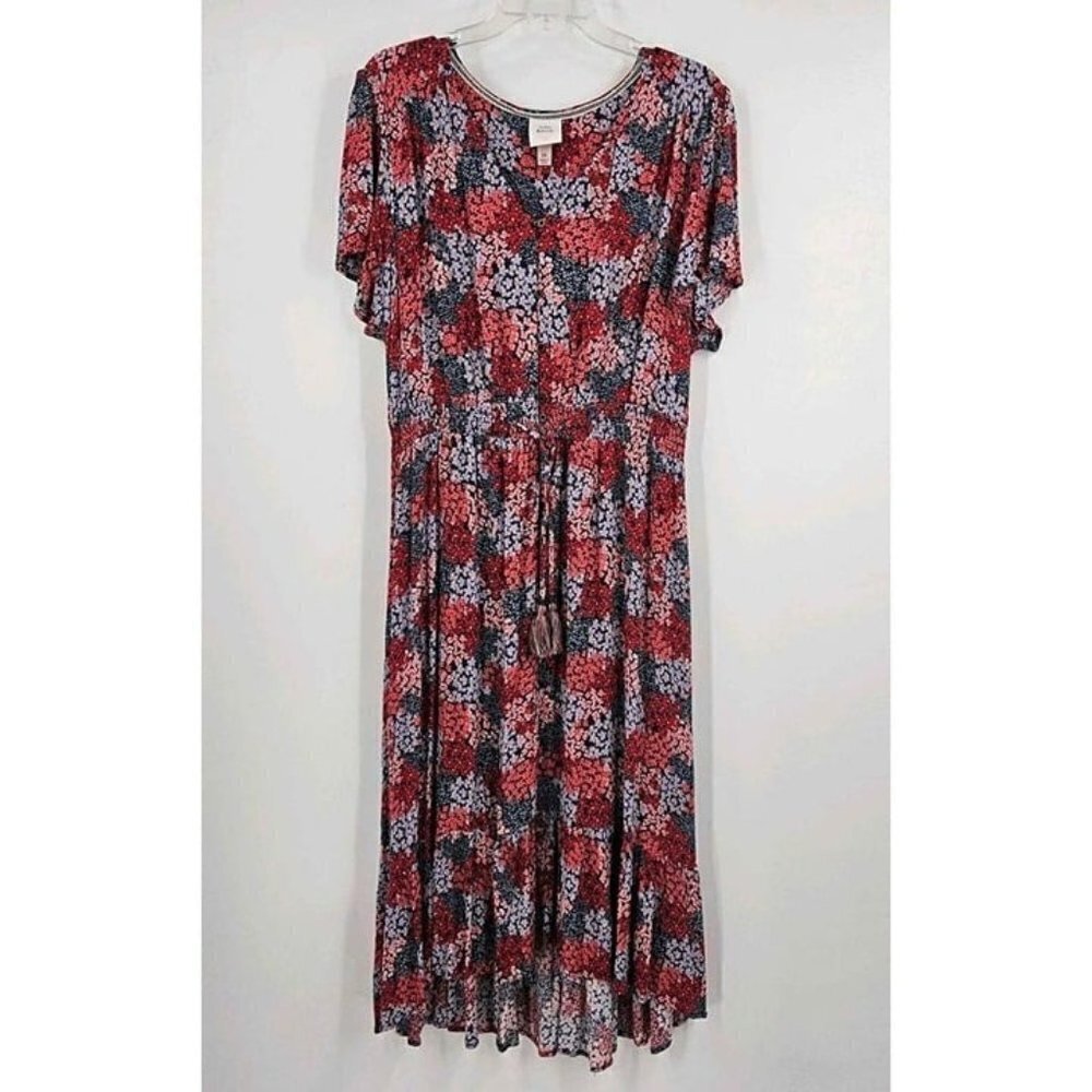Knox Rose High Low Hem Pink Blue Floral Smocked Waist Button Front Boho Dress 1X